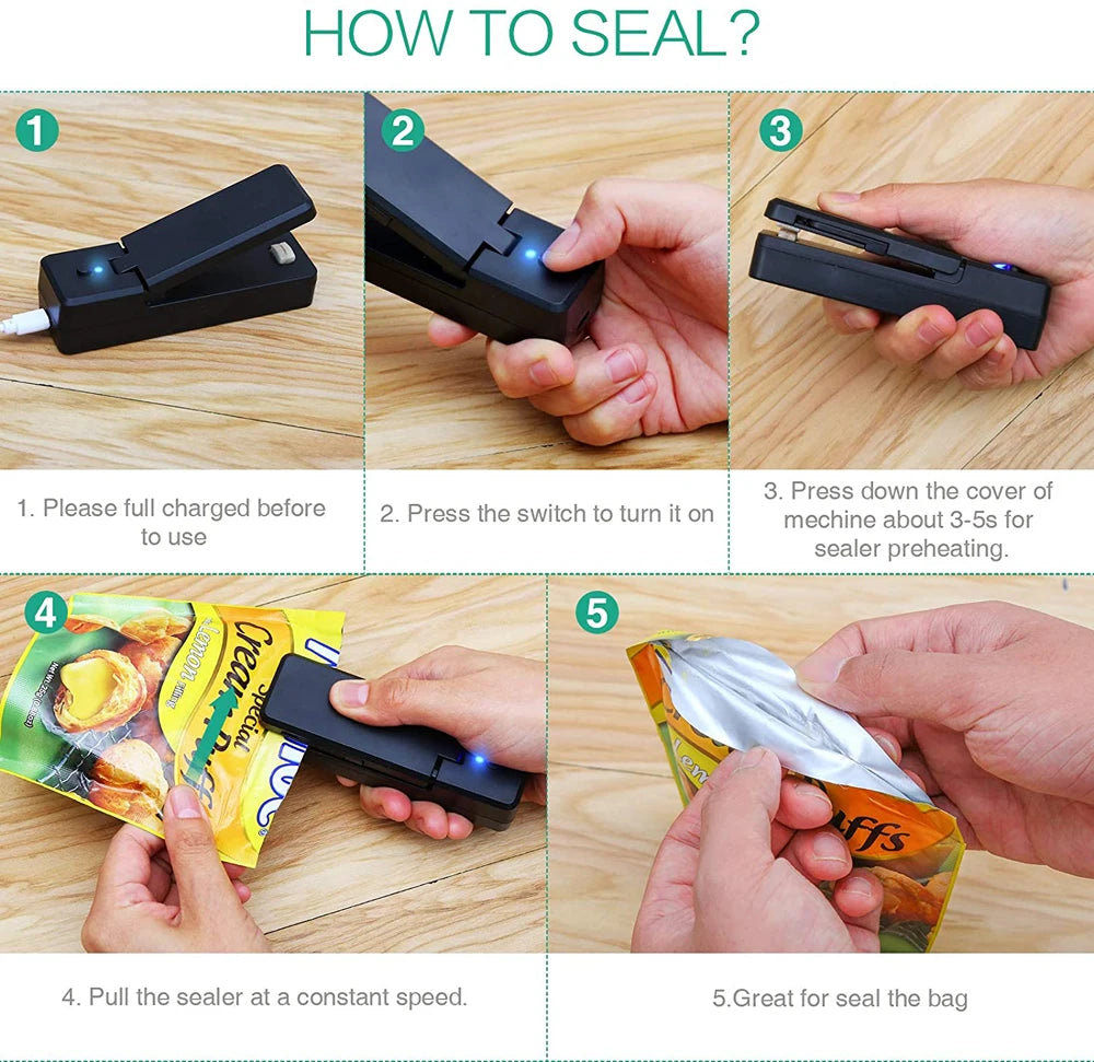 Mini Bag Sealer 2 in 1 Rechargeable Portable Bag Vacuum Heat Sealer&Cutter for Plastic Snack PVC Bags Outdoor Picnic Campaign Halalzen