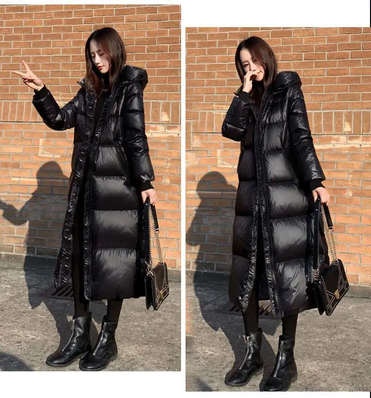 Black Glossy Parka Coat Women's 2024 Fashion Thicken Winter Hooded Loose Long Jacket Female Windproof Rainproof Warm Outwear