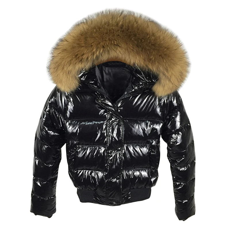 Fashion White Bubble Coat Big Fur Collar Glossy Short Jacket Winter Autumn Waterproof Female Puffer Jacket Parkas Mujer 2023 New