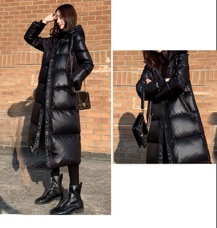 Black Glossy Parka Coat Women's 2024 Fashion Thicken Winter Hooded Loose Long Jacket Female Windproof Rainproof Warm Outwear