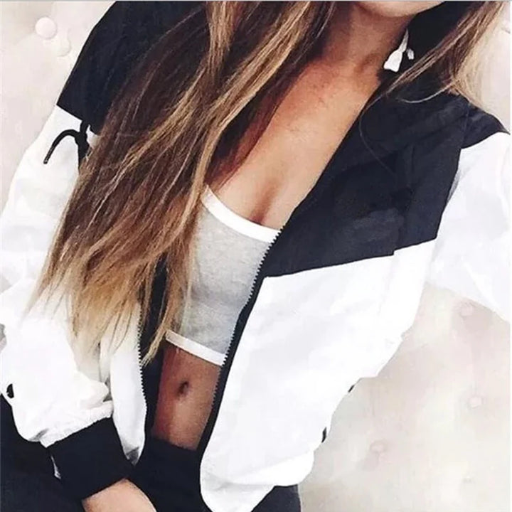 Loose Casual Hooded Zipper Jacket Women Fashion Coat With Pocket Autumn Stitching Long Sleeve Ladies Jacket