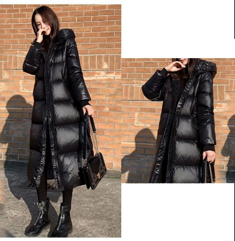 Black Glossy Parka Coat Women's 2024 Fashion Thicken Winter Hooded Loose Long Jacket Female Windproof Rainproof Warm Outwear