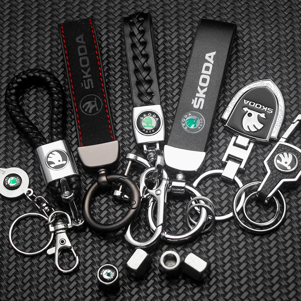 For Skoda 3 2 VRS Vision Kodiaq Favorit Rapid Octavia A5 3D Metal+Leather Car Logo Keychain Key Ring Key Chain Auto Accessories