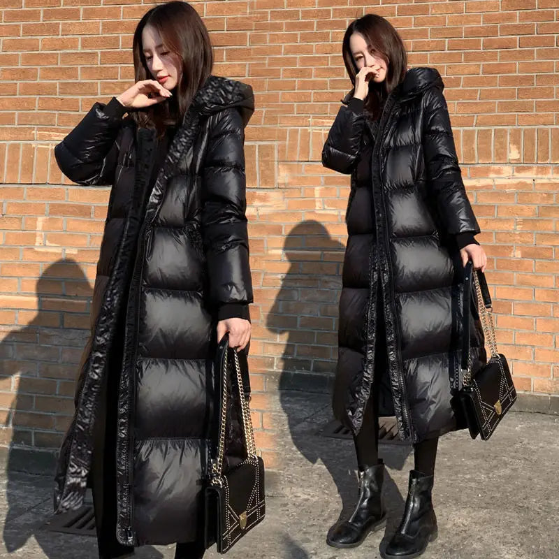 Black Glossy Parka Coat Women's 2024 Fashion Thicken Winter Hooded Loose Long Jacket Female Windproof Rainproof Warm Outwear