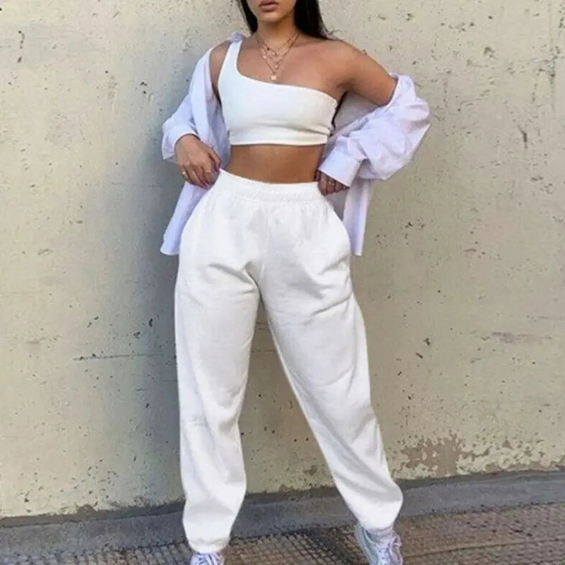 Women High Waist Casual Sweatpants Loose Elastic Waist Sports Pants Solid Sweatpants Baggy Ankle-length Trousers Black Gray Halalzen UK