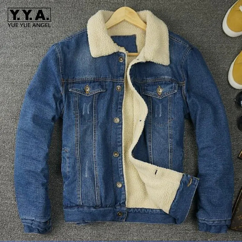 Winter Fashion Men Faux Fur Lining Jean Jackets Male Fleece Jacket Single Breasted Denim Coat Slim Fit Thick Warm Casual Outwear