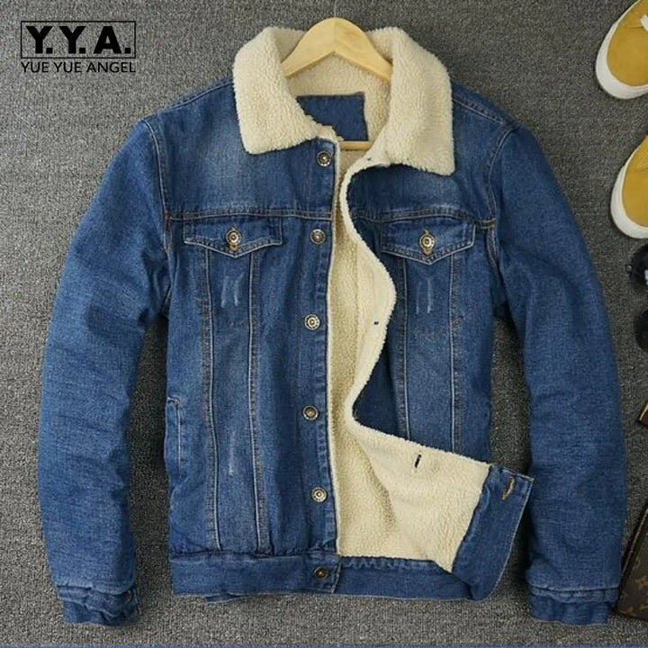 Winter Fashion Men Faux Fur Lining Jean Jackets Male Fleece Jacket Single Breasted Denim Coat Slim Fit Thick Warm Casual Outwear