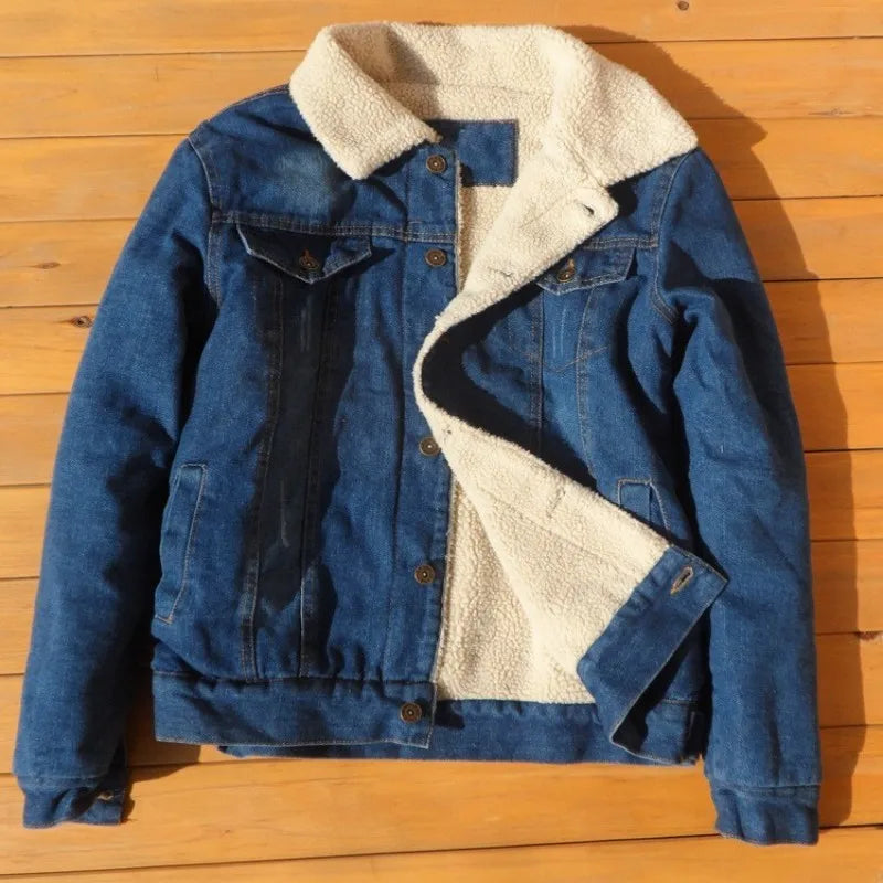 Winter Fashion Men Faux Fur Lining Jean Jackets Male Fleece Jacket Single Breasted Denim Coat Slim Fit Thick Warm Casual Outwear