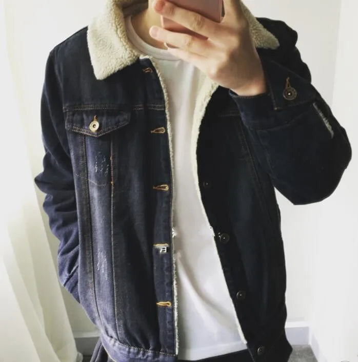 Winter Fashion Men Faux Fur Lining Jean Jackets Male Fleece Jacket Single Breasted Denim Coat Slim Fit Thick Warm Casual Outwear