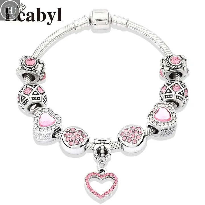 New Valentine's Romantic Pink Heart Charm Bracelet & Bangle Fine Crystal Diy Bead Bracelet Jewelry for Women Girl Gift HALALZEN
