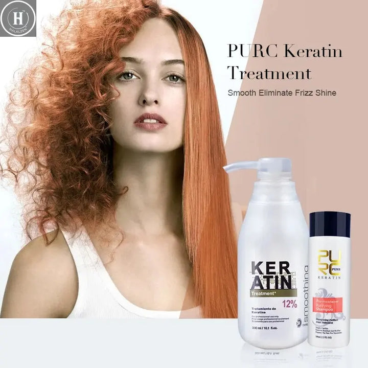 PURC 300ml Brazilian Keratin Hair Treatment & 100ml Purifying Shampoo Set Professional Straightening Repair Frizz Soft Hair Care HALALZEN