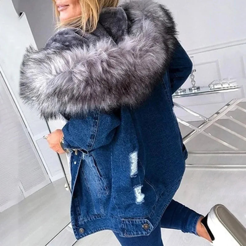2024 Women Winter Denim Jackets Coat Fashion Plush Collar Warm Retro Fleece Lined Coat Women Chaquetas De Mezclilla Para Mujer