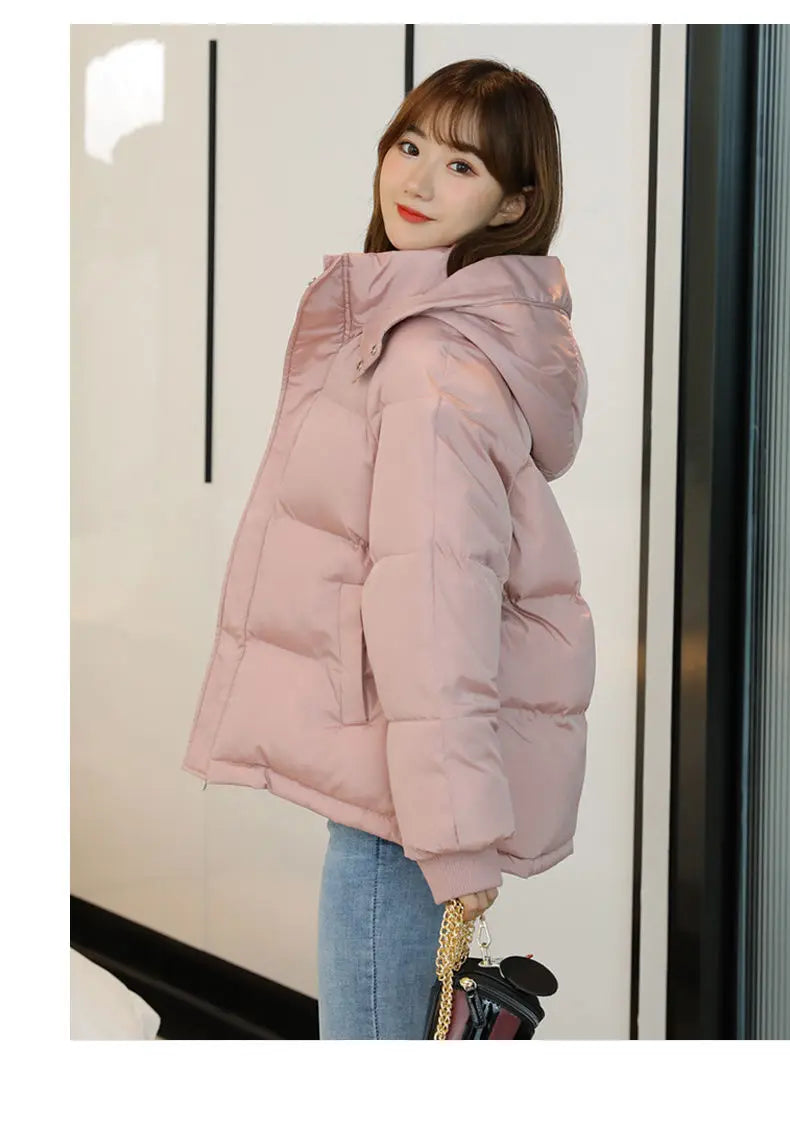 2024 Winter Women Jacket Yellow Short Hooded Cotton Padded Female Coat Thicken Warm Outwear Loose Waterproof Women Parka Femme