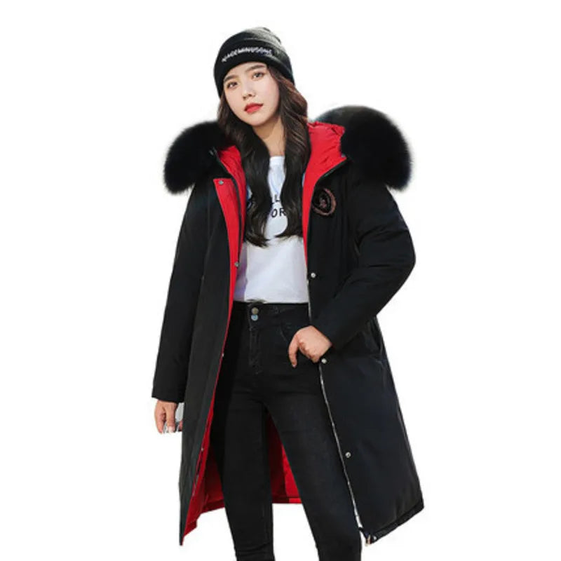 Winter Fashion Hooded Big Fur Collar Padded Long Parkas Down Cotton Warm Coat Waterproof Windbreaker Jacket Wear On Both Sides