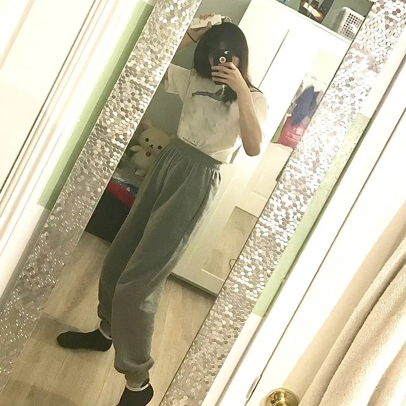 Women High Waist Casual Sweatpants Loose Elastic Waist Sports Pants Solid Sweatpants Baggy Ankle-length Trousers Black Gray Halalzen UK