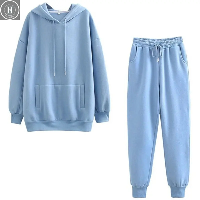 New Tracksuit Women Elegant Solid Suits Fleece Warm Hoodies 2 Piece Set Autumn Winter Fashion Oversized Sweatshirts Tracksuit HALALZEN