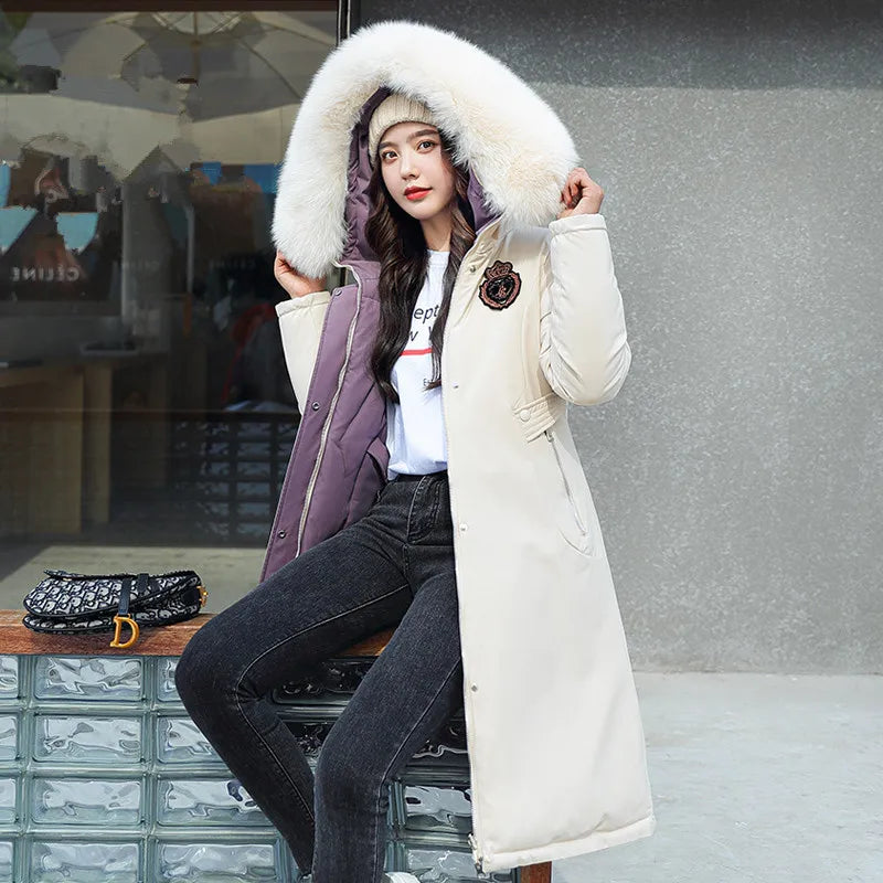 Winter Fashion Hooded Big Fur Collar Padded Long Parkas Down Cotton Warm Coat Waterproof Windbreaker Jacket Wear On Both Sides