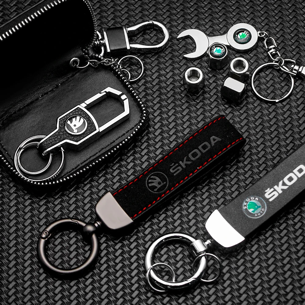 For Skoda 3 2 VRS Vision Kodiaq Favorit Rapid Octavia A5 3D Metal+Leather Car Logo Keychain Key Ring Key Chain Auto Accessories