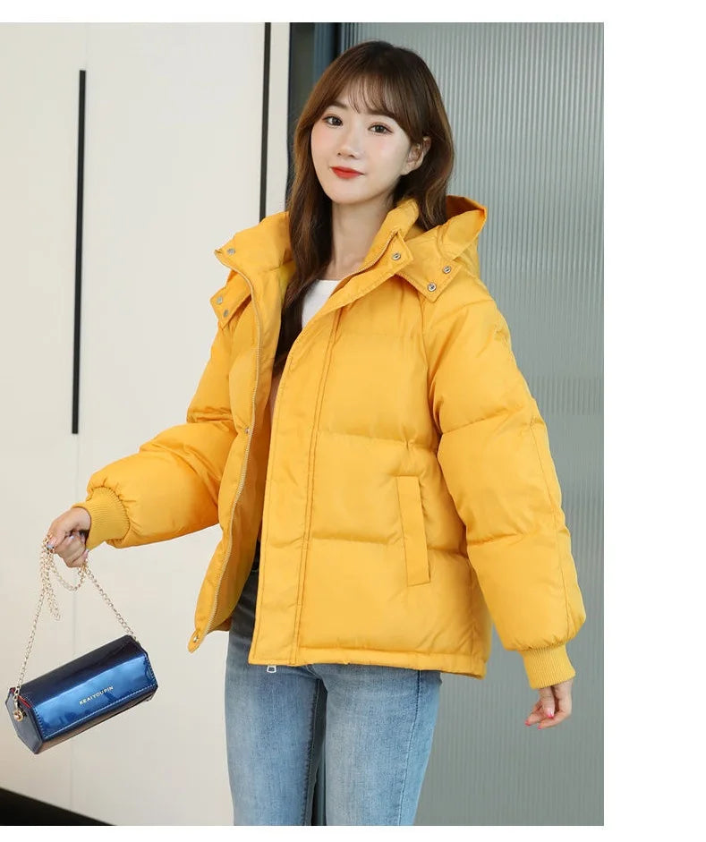 2024 Winter Women Jacket Yellow Short Hooded Cotton Padded Female Coat Thicken Warm Outwear Loose Waterproof Women Parka Femme