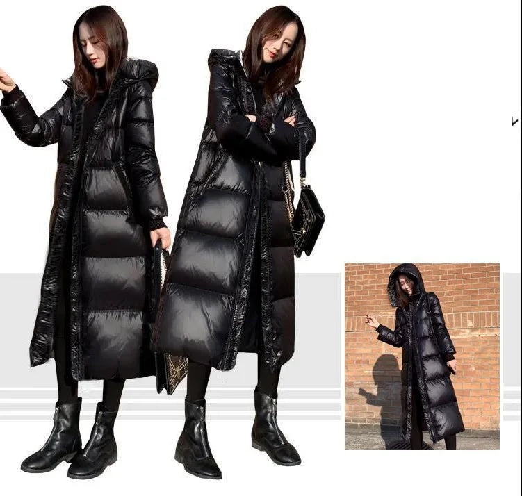 Black Glossy Parka Coat Women's 2024 Fashion Thicken Winter Hooded Loose Long Jacket Female Windproof Rainproof Warm Outwear