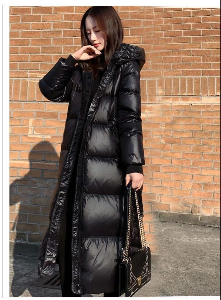 Black Glossy Parka Coat Women's 2024 Fashion Thicken Winter Hooded Loose Long Jacket Female Windproof Rainproof Warm Outwear