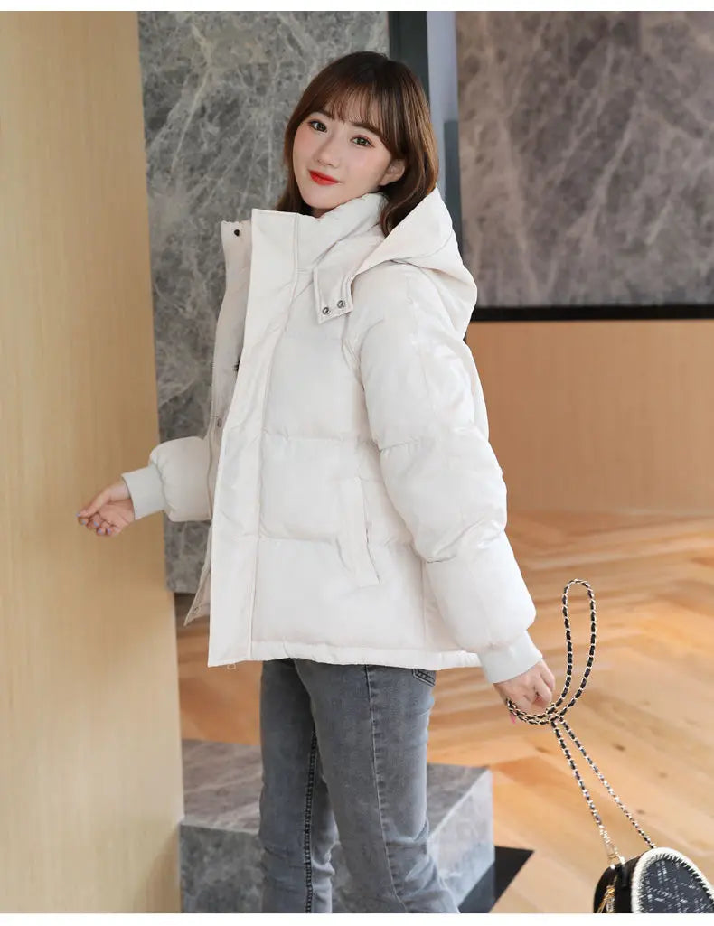 2024 Winter Women Jacket Yellow Short Hooded Cotton Padded Female Coat Thicken Warm Outwear Loose Waterproof Women Parka Femme