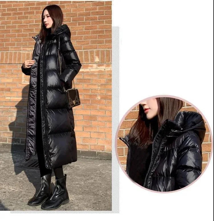 Black Glossy Parka Coat Women's 2024 Fashion Thicken Winter Hooded Loose Long Jacket Female Windproof Rainproof Warm Outwear