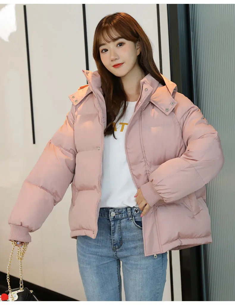 2024 Winter Women Jacket Yellow Short Hooded Cotton Padded Female Coat Thicken Warm Outwear Loose Waterproof Women Parka Femme