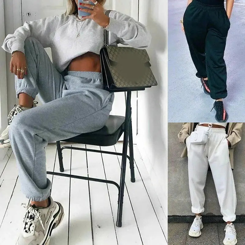 Women High Waist Casual Sweatpants Loose Elastic Waist Sports Pants Solid Sweatpants Baggy Ankle-length Trousers Black Gray Halalzen UK