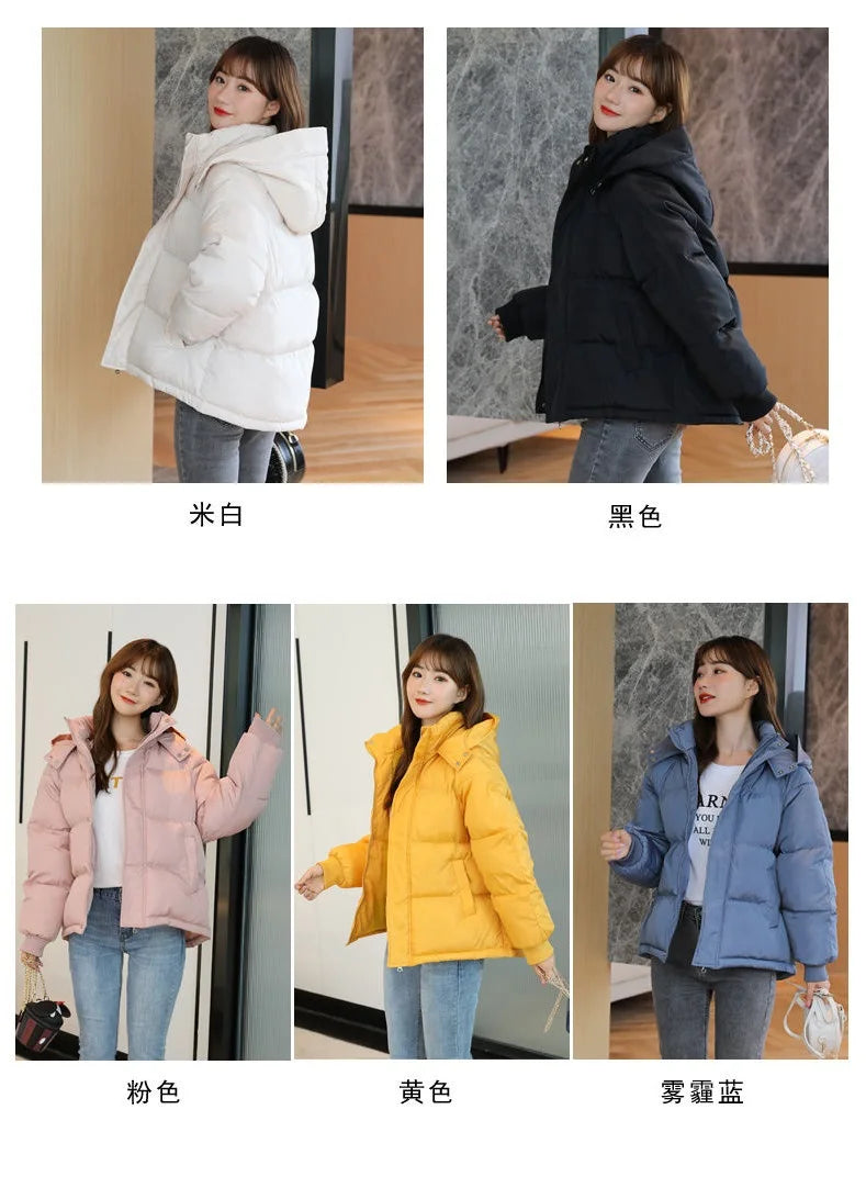 2024 Winter Women Jacket Yellow Short Hooded Cotton Padded Female Coat Thicken Warm Outwear Loose Waterproof Women Parka Femme