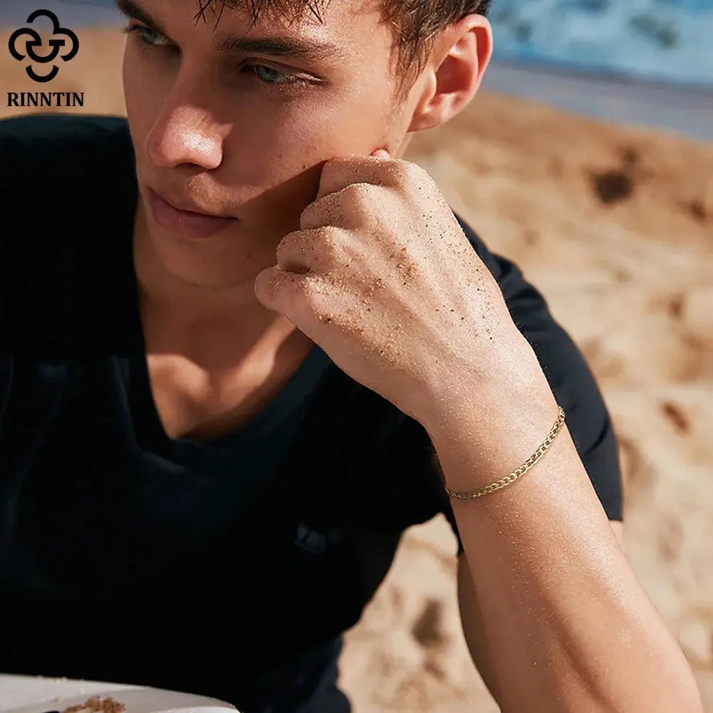 Rinntin 18K Gold Over 925 Sterling Silver 3mm Italian Cuban Chain Bracelet for Women Men Trendy Silver Bracelet Jewelry SB123 HALALZEN