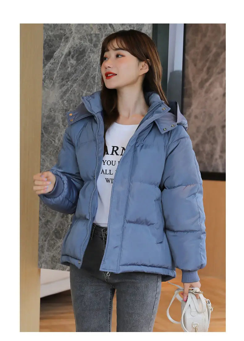 2024 Winter Women Jacket Yellow Short Hooded Cotton Padded Female Coat Thicken Warm Outwear Loose Waterproof Women Parka Femme