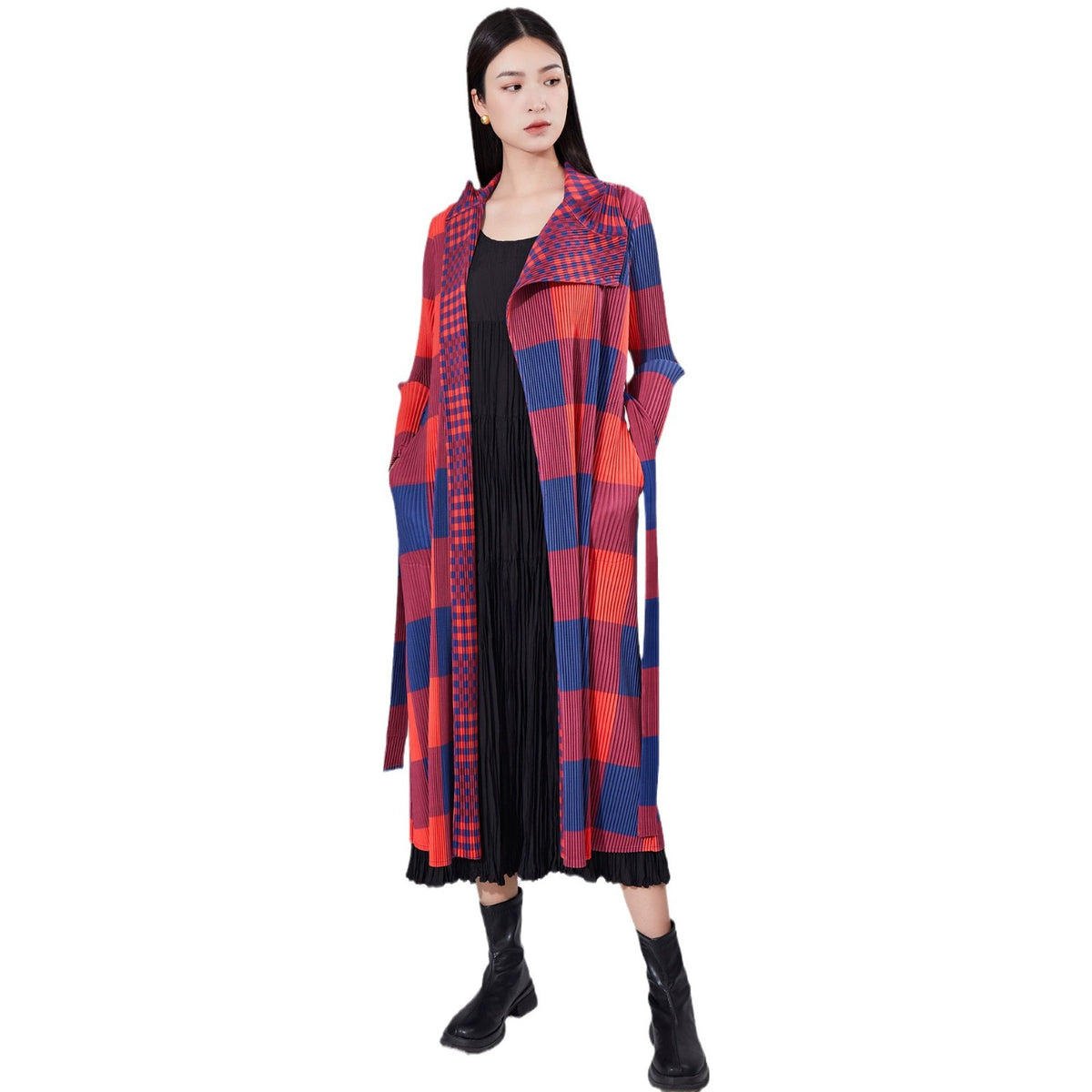 Middle-Aged Boss Ruched Mid Length Long Length Trench Coat Outwear Lapel Tied Loose Temperament Commute All-Match Coat Women's