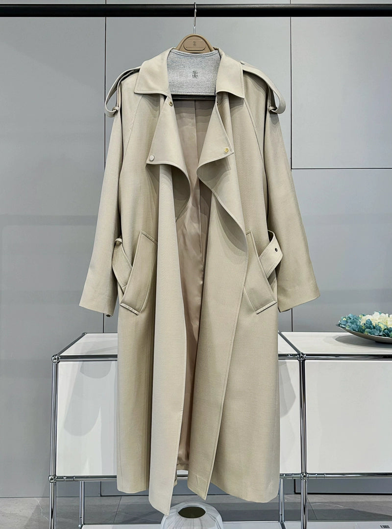 Alin Penny Streamlined BV OEM Customer-Supplied Worsted Wool Material Loose Casual Lace up Long Trench Coat