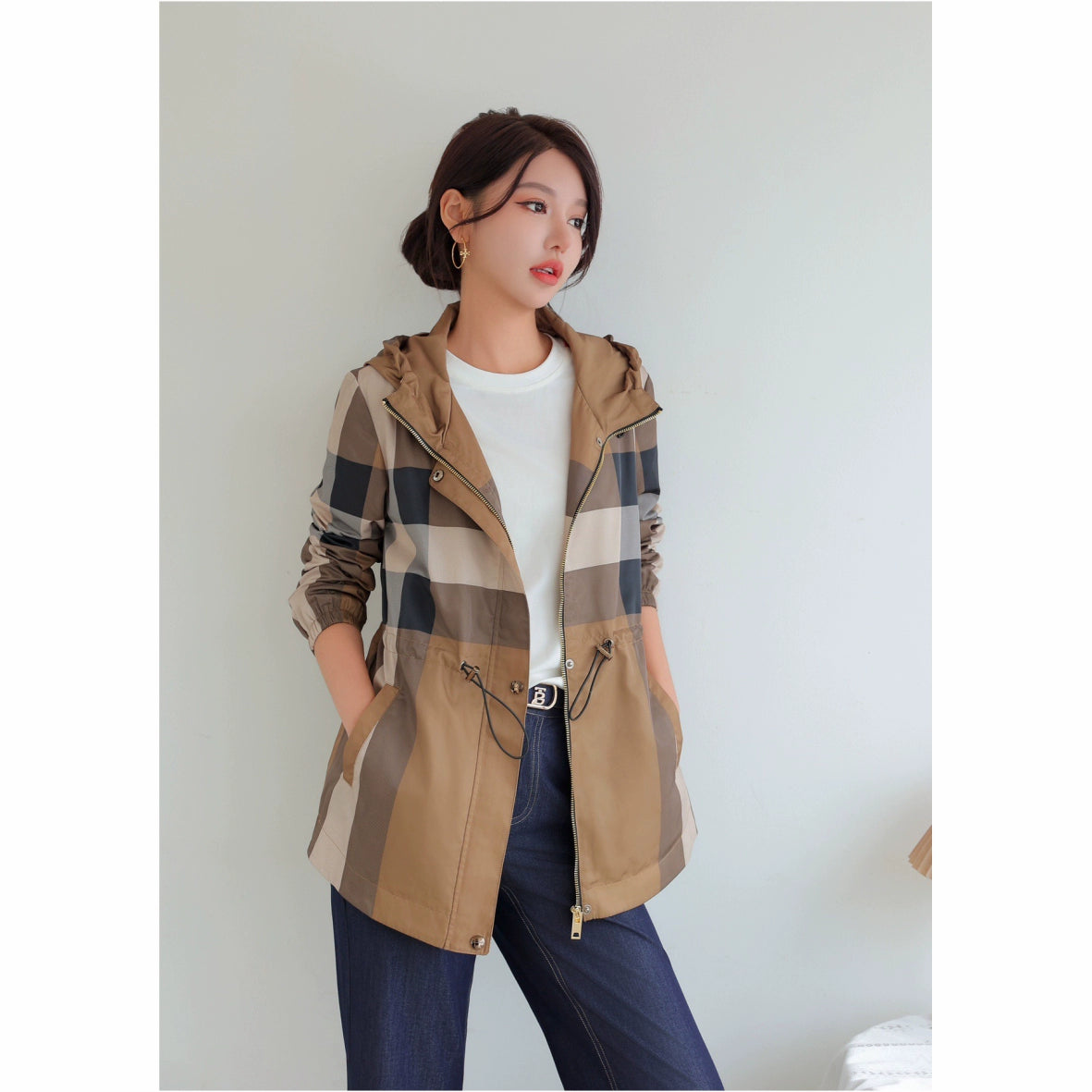 European Station Spring & Fall Hooded Casual Mid Length Long Length Coat