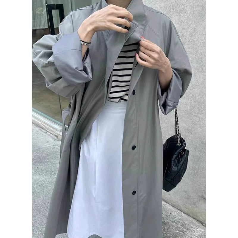 Lemon South Korea Stand Collar Single-Breasted Pure Color Trench Coat