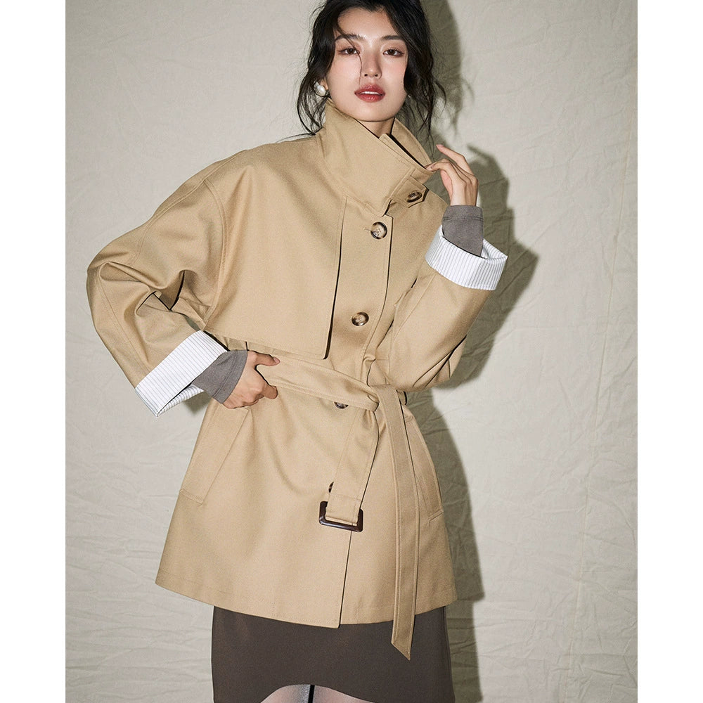 24 Autumn New Korean Style Casual Retro Style Versatile Stand Collar Small Loose Mid Length Long Length Trench Coat Outwear