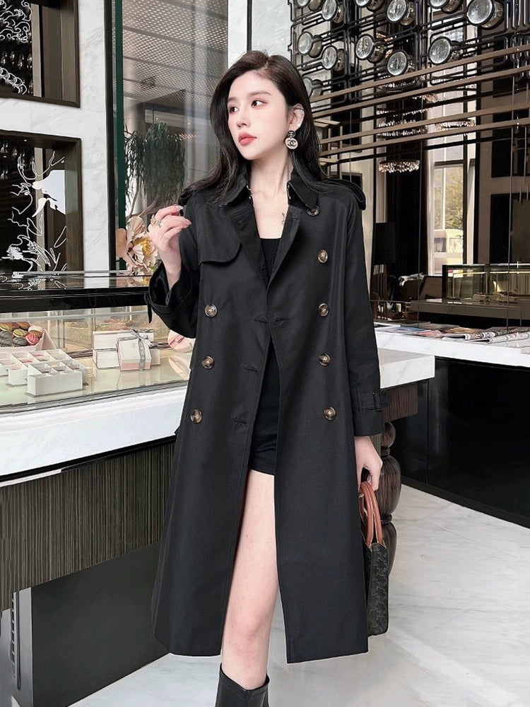 European Station Counter 2024 Spring and Autumn British Style Accessible Luxury Design Elegant Double Breasted Mid Length Long Length Trench Coat Women's Coat