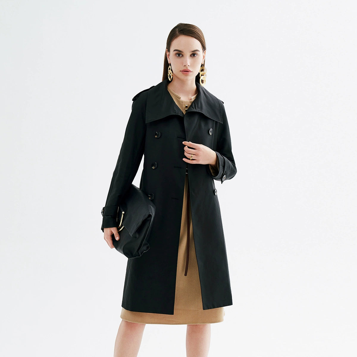 Canto Motto Fog Channel Autumn Same Style with Mall Lapel Double Breasted Shoelace Waist-Tight Mid Length Long Length Trench Coat