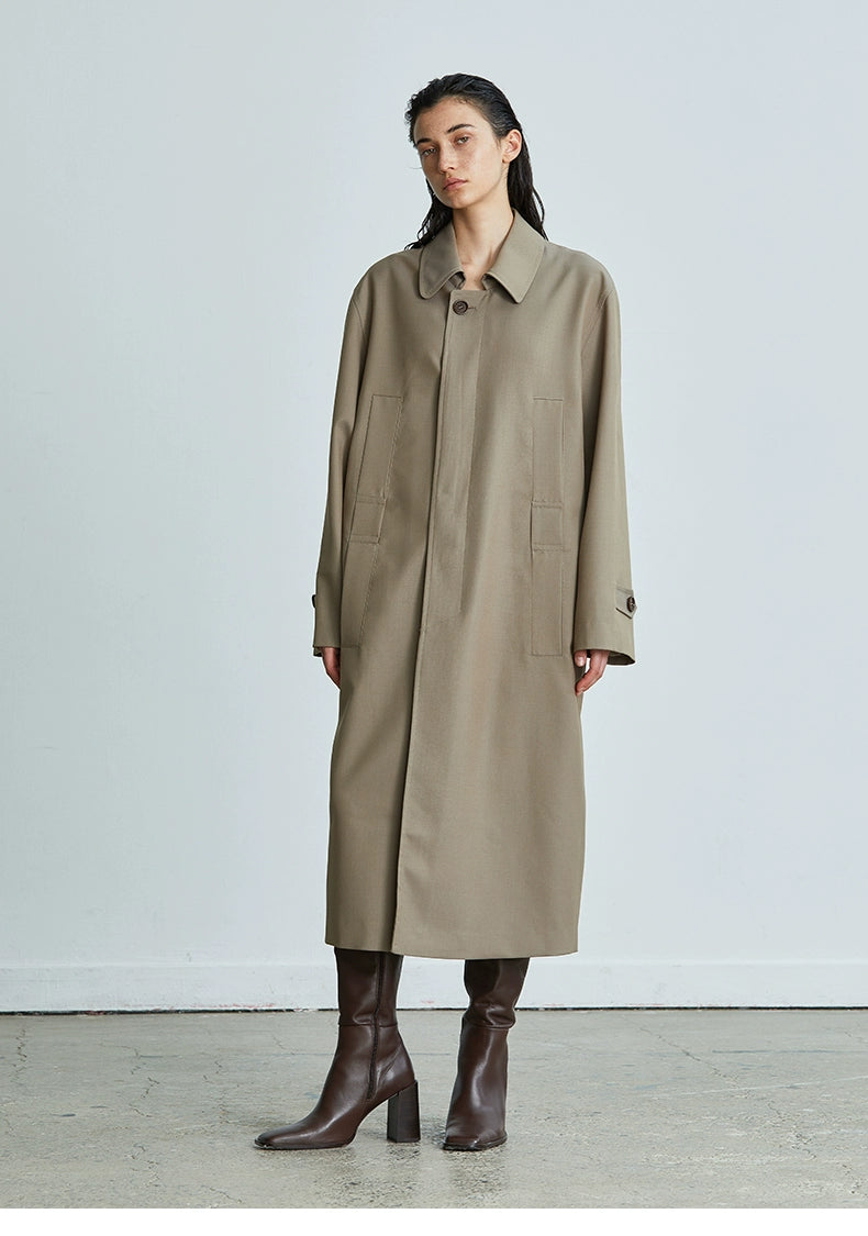 Apresquioi Independent Designer Brand Full Wool Women's Single Breasted Mid Length Long Length Trench Coat Khaki