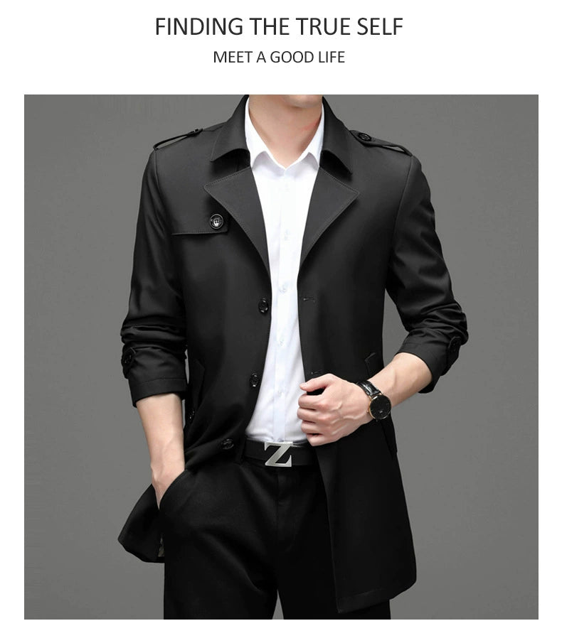 Ji Shizhe 2024 New Arrival Spring and Autumn Business Suit Collar Middle-Aged Men's Mid-Length Trench Coat Coat Men's Clothing Genuine Goods