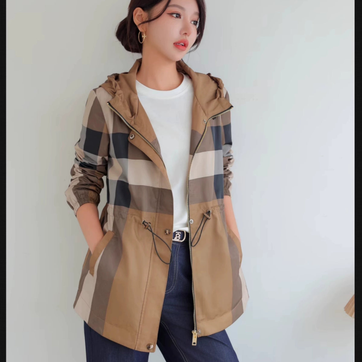 European Station Spring & Fall Hooded Casual Mid Length Long Length Coat