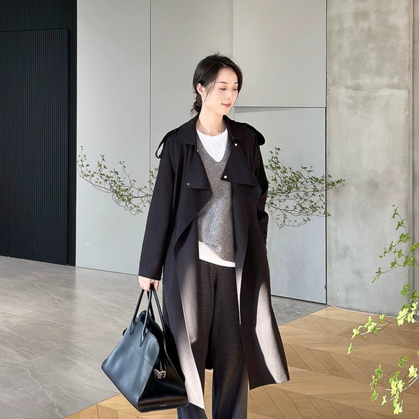 Alin Penny Streamlined BV OEM Customer-Supplied Worsted Wool Material Loose Casual Lace up Long Trench Coat