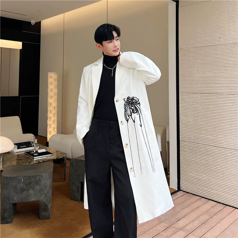 Fall and Winter Niche Style Embroider G BIAOXIU Design Long Trench Coat Men's Suit Collar Single Breasted below-the-Knee Coat Outwear Classy