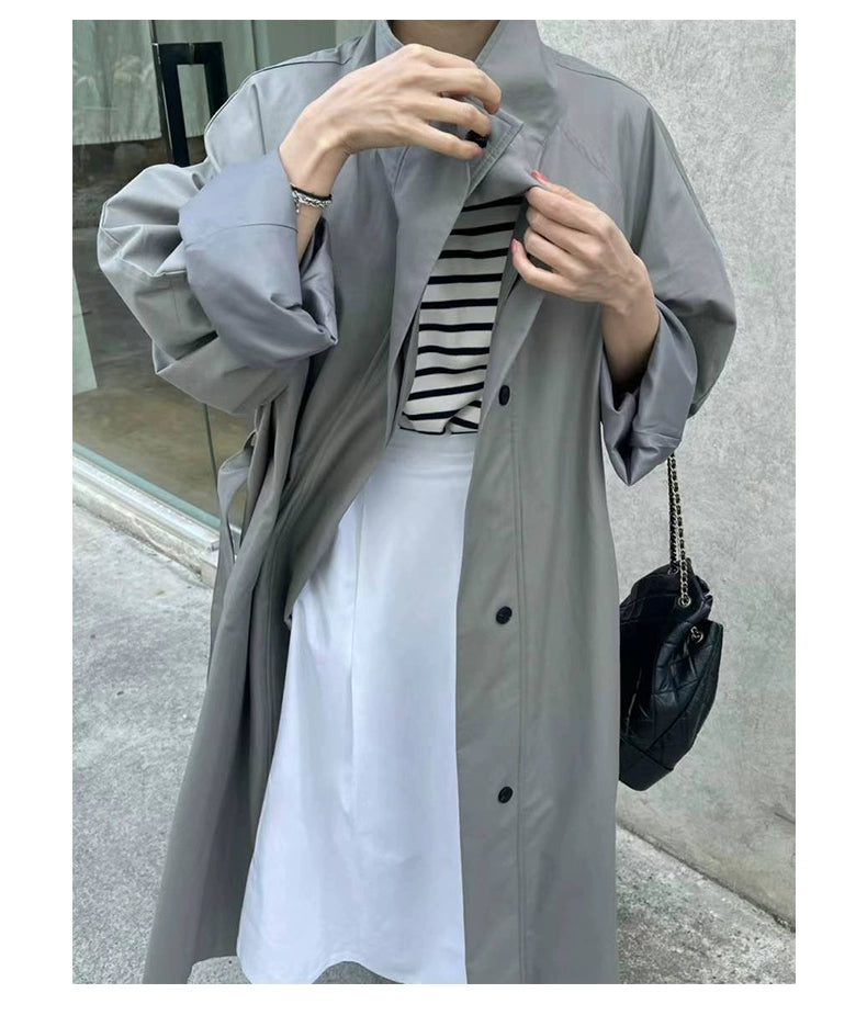 Lemon South Korea Stand Collar Single-Breasted Pure Color Trench Coat