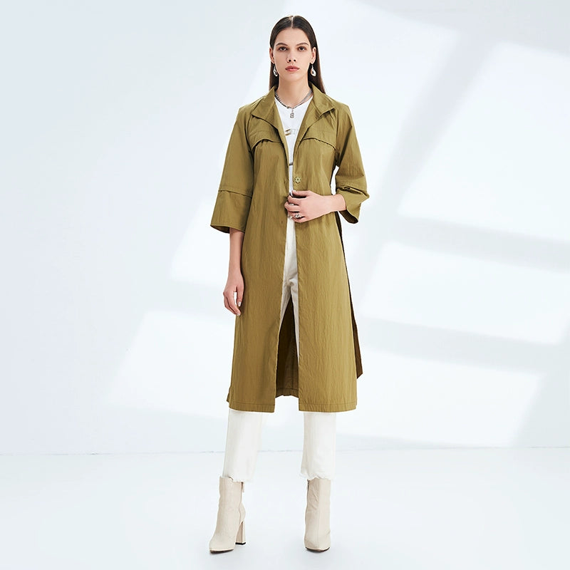 Canto Motto Fog Channel 2023 Spring New Green H-Type Drop Shoulder 3/4 Sleeve Mid Length Long Length Trench Coat Outwear