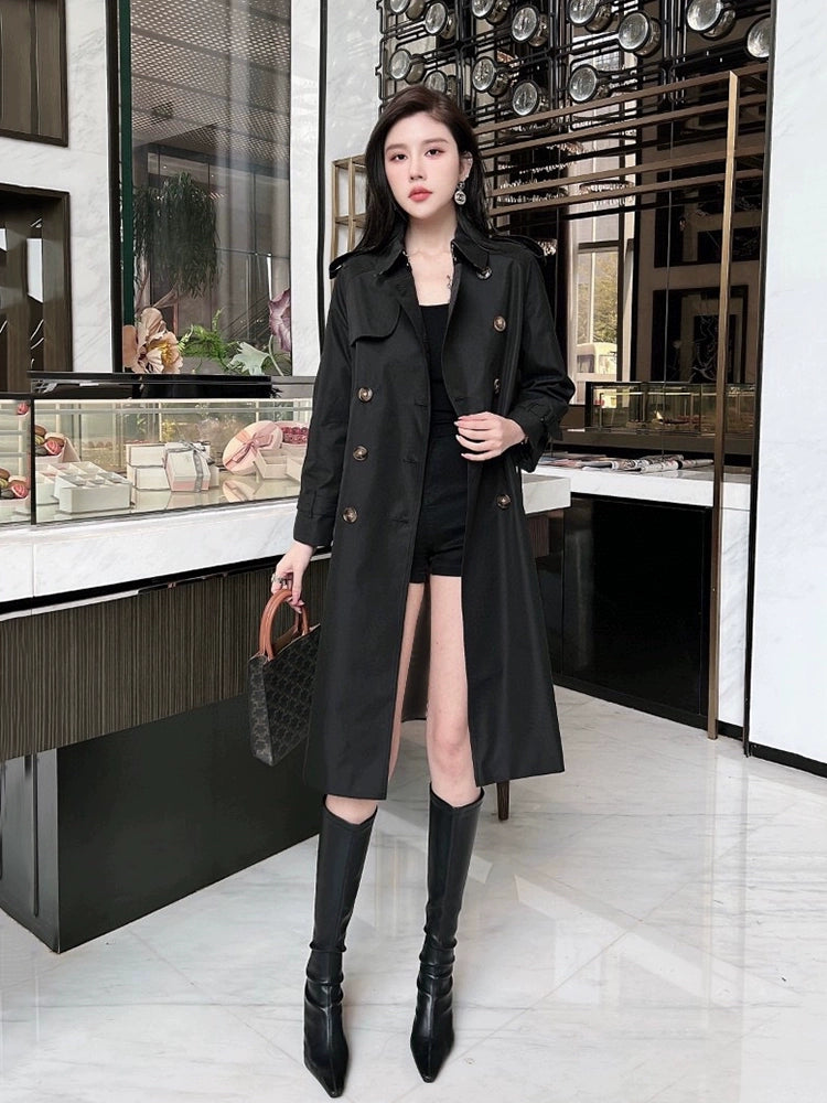 European Station Counter 2024 Spring and Autumn British Style Accessible Luxury Design Elegant Double Breasted Mid Length Long Length Trench Coat Women's Coat