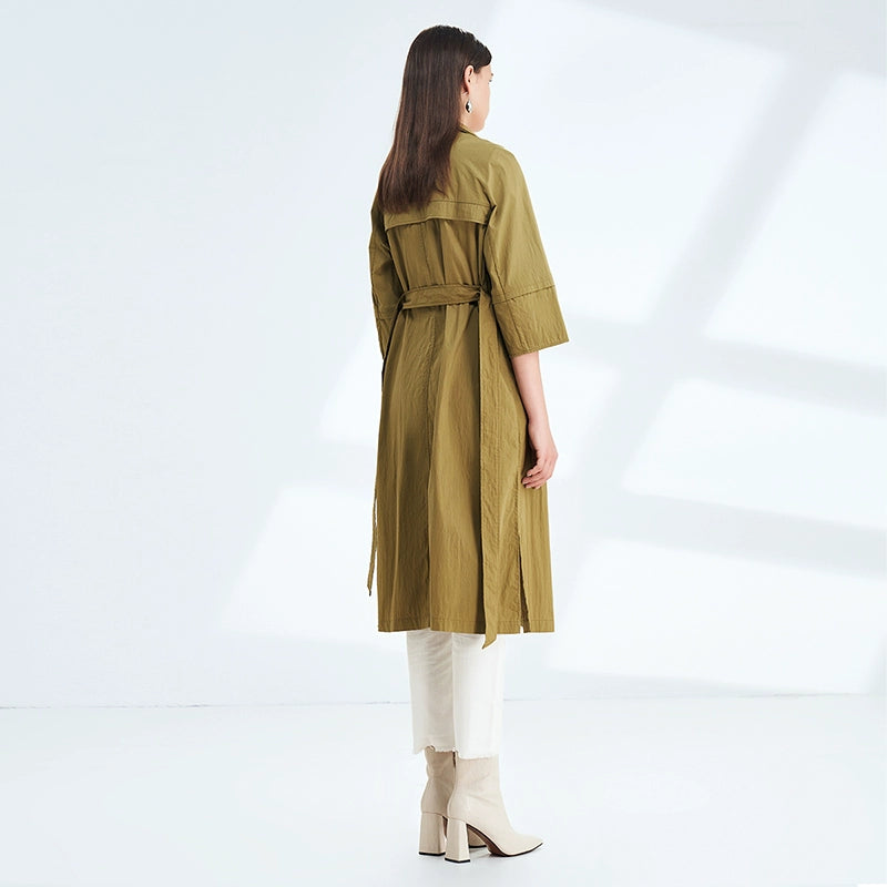 Canto Motto Fog Channel 2023 Spring New Green H-Type Drop Shoulder 3/4 Sleeve Mid Length Long Length Trench Coat Outwear