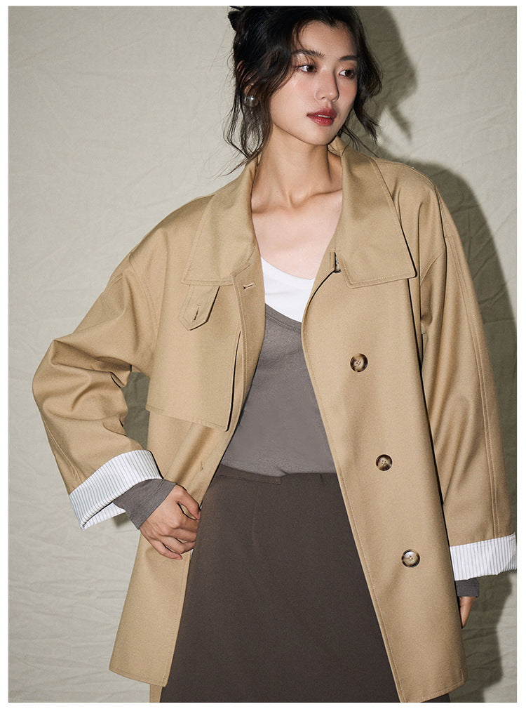 24 Autumn New Korean Style Casual Retro Style Versatile Stand Collar Small Loose Mid Length Long Length Trench Coat Outwear