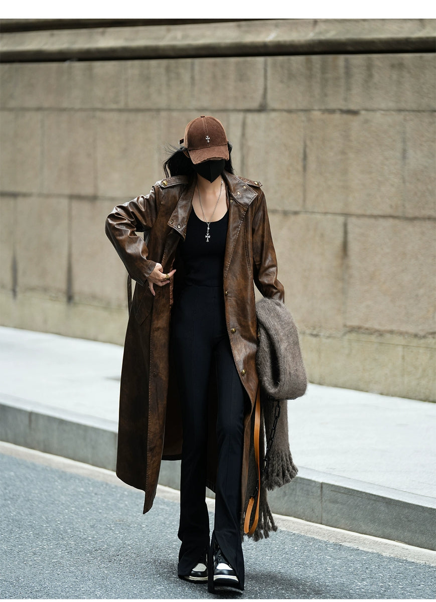 Luna7xi Stylish Fashion Long Leather Coat